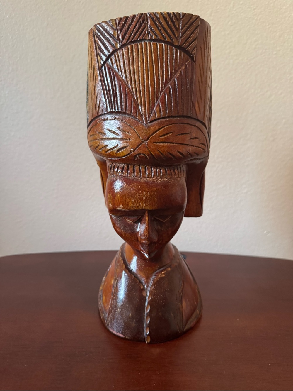 Vintage Hand Carved Wooden Lady Bust Sculpture - Brown with headdress Statue